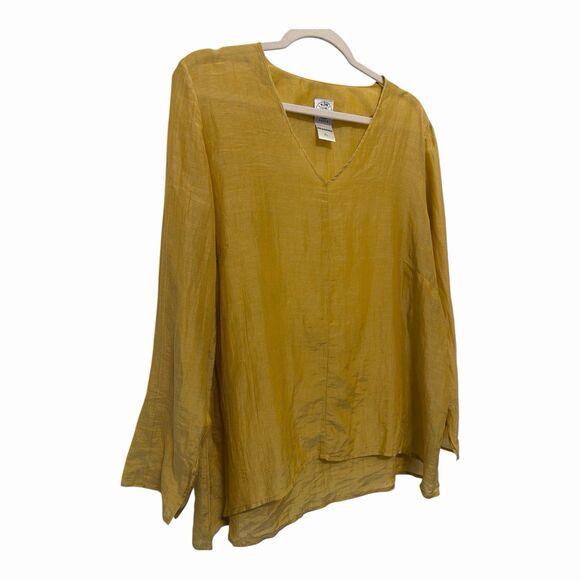 Kim Bernardin Paris Mustard V-Neck Tunic Top Silk Cotton Blend Size XL - Picture 2 of 10